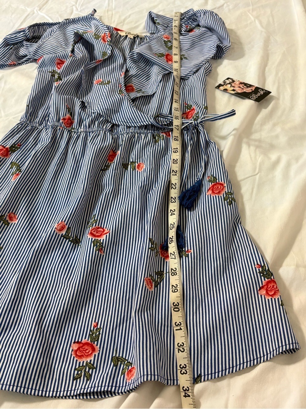 Hint of Blush Blue White Stripe Floral Cold Shoulder Ruffle Dress Size Large NWT - Picture 8 of 11